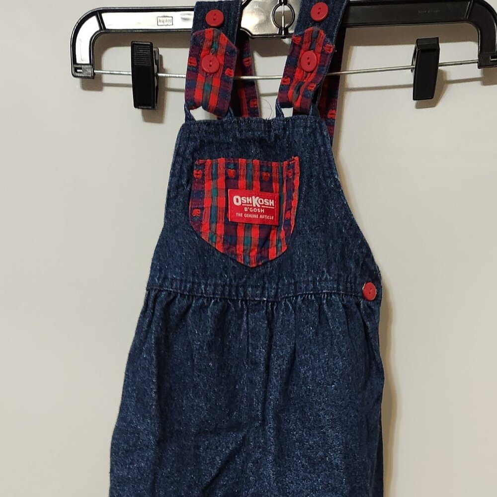 Vintage OshKosh Denim & Apple Plaid Jumper Girl 2T - Made in USA